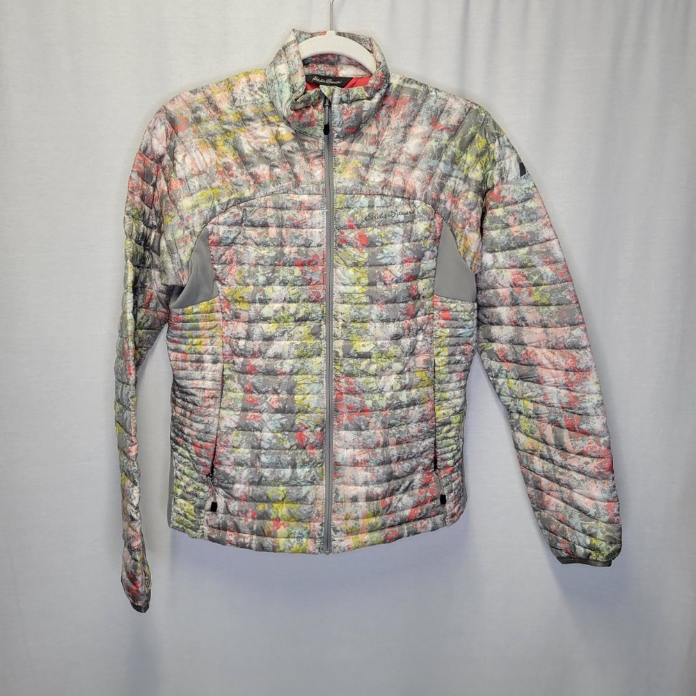Eddie Bauer Women's Small Stormdown 800 Jacket Gray Pink Quilted Puffer